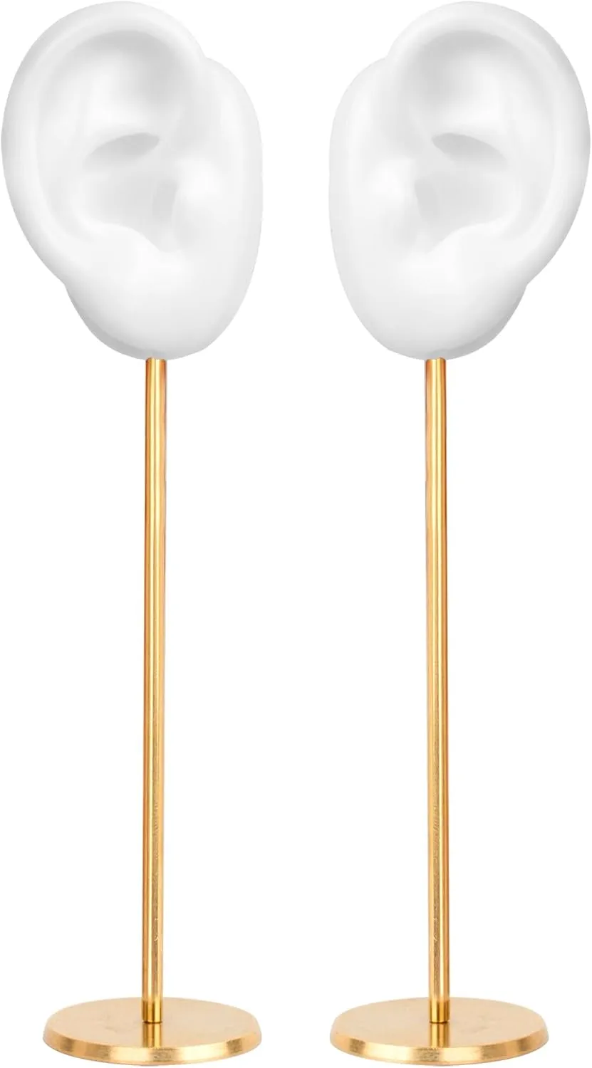Earring Display Stand, Ear Shaped Piercing Stud Holder, Copper Round Base Silicone Body Mannequin Model Organizer, Navel Jewelry for Girl Women Shows Rack Birthday Wedding Decor (White, Left&Right)