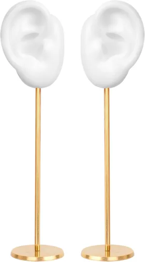 Earring Display Stand, Ear Shaped Piercing Stud Holder, Copper Round Base Silicone Body Mannequin Model Organizer, Navel Jewelry for Girl Women Shows Rack Birthday Wedding Decor (White, Left&Right)