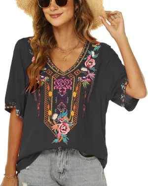 Higustar Women's Mexican Embroidered Tops Traditional Boho Peasant Shirts Summer Short Sleeve Tunics Blouses Hippie Clothes