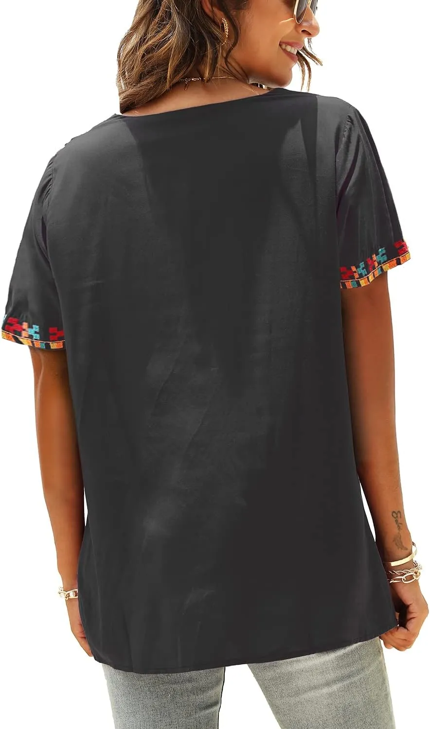 Higustar Women's Mexican Embroidered Tops Traditional Boho Peasant Shirts Summer Short Sleeve Tunics Blouses Hippie Clothes