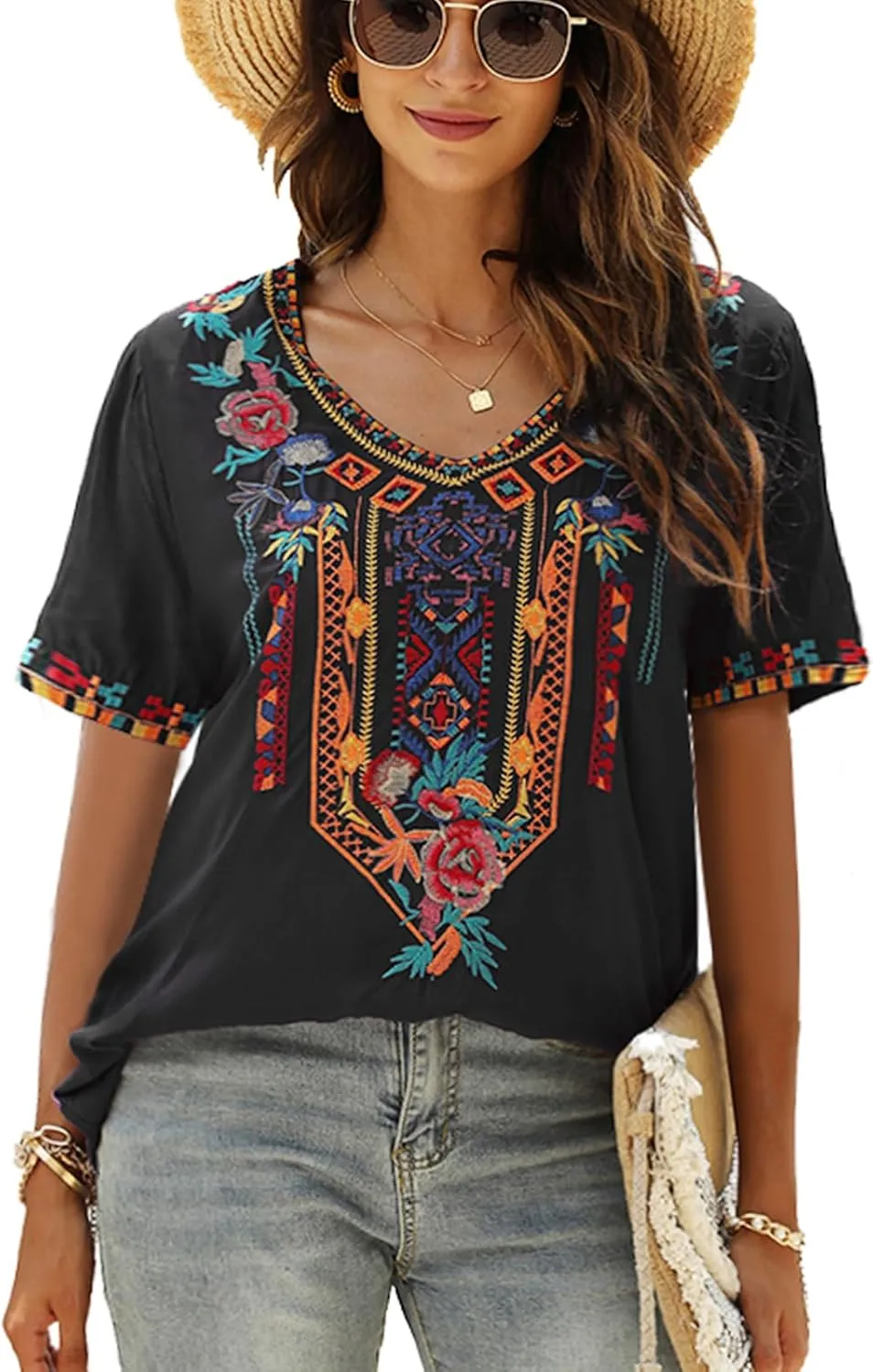 Higustar Women's Mexican Embroidered Tops Traditional Boho Peasant Shirts Summer Short Sleeve Tunics Blouses Hippie Clothes