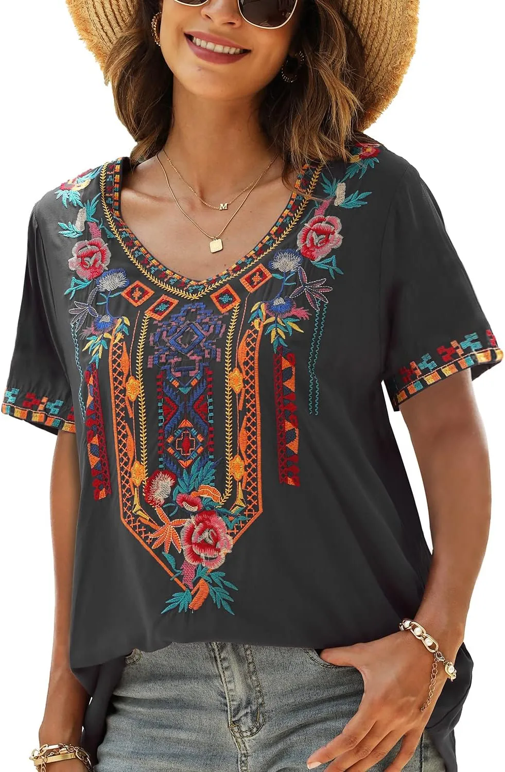 Higustar Women's Mexican Embroidered Tops Traditional Boho Peasant Shirts Summer Short Sleeve Tunics Blouses Hippie Clothes