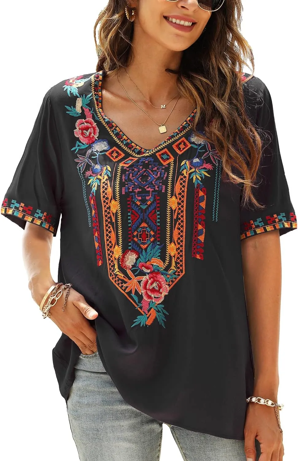 Higustar Women's Mexican Embroidered Tops Traditional Boho Peasant Shirts Summer Short Sleeve Tunics Blouses Hippie Clothes