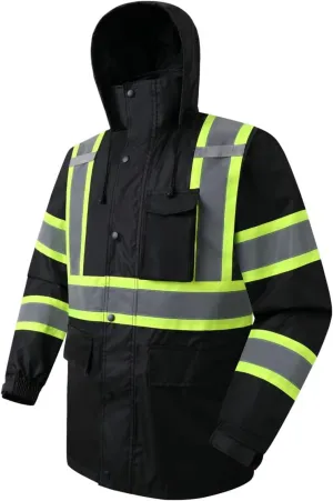 JKSafety Hi-Vis Reflective Safety Rain Jacket for Men Women Waterproof Rain Gears for Farming Fishing Work HV Rain Jacket with Inner Mesh Lining and Pockets (117A-Black XL)
