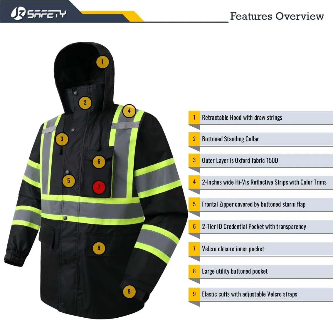JKSafety Hi-Vis Reflective Safety Rain Jacket for Men Women Waterproof Rain Gears for Farming Fishing Work HV Rain Jacket with Inner Mesh Lining and Pockets (117A-Black XL)