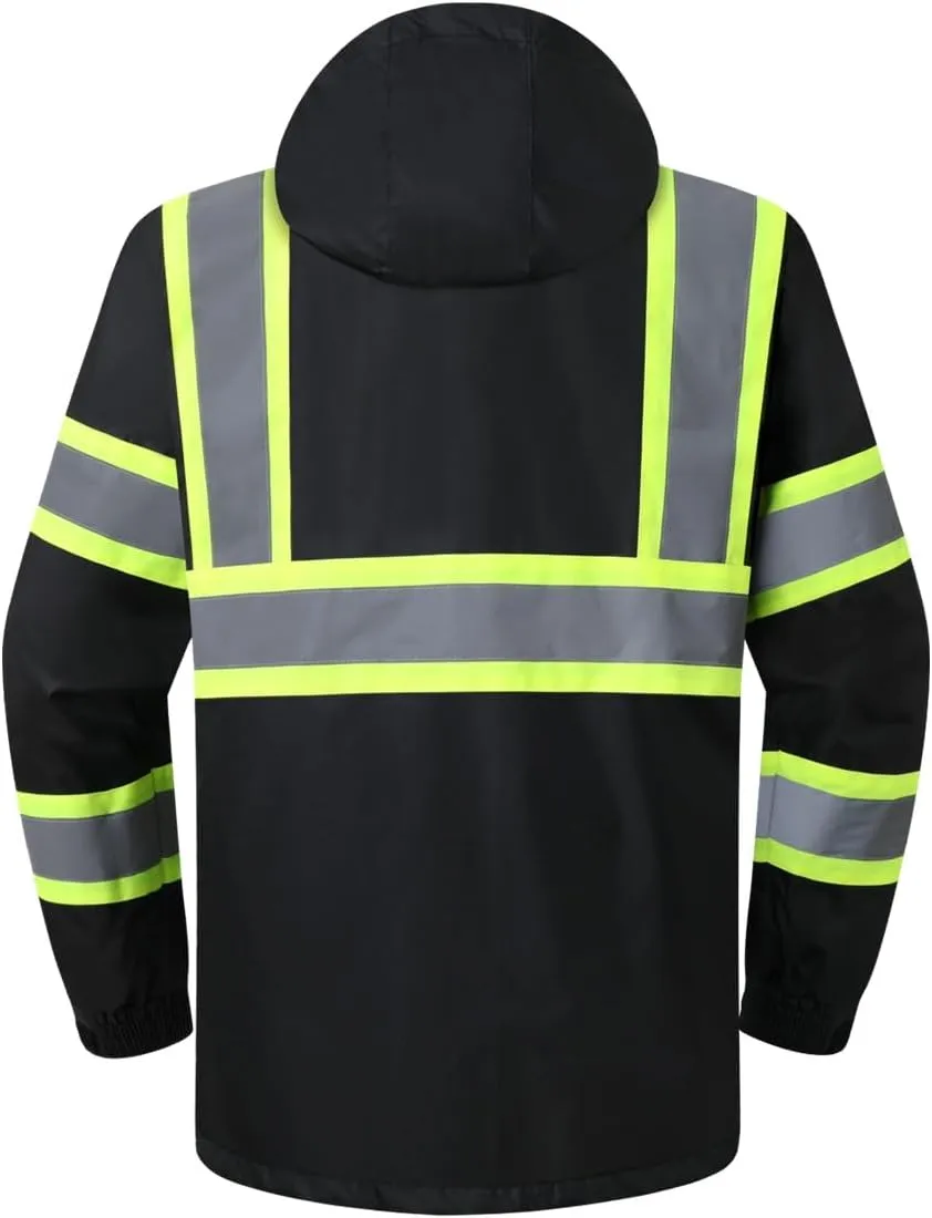 JKSafety Hi-Vis Reflective Safety Rain Jacket for Men Women Waterproof Rain Gears for Farming Fishing Work HV Rain Jacket with Inner Mesh Lining and Pockets (117A-Black XL)