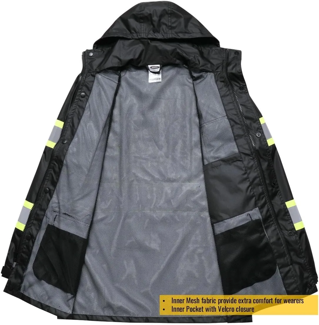JKSafety Hi-Vis Reflective Safety Rain Jacket for Men Women Waterproof Rain Gears for Farming Fishing Work HV Rain Jacket with Inner Mesh Lining and Pockets (117A-Black XL)