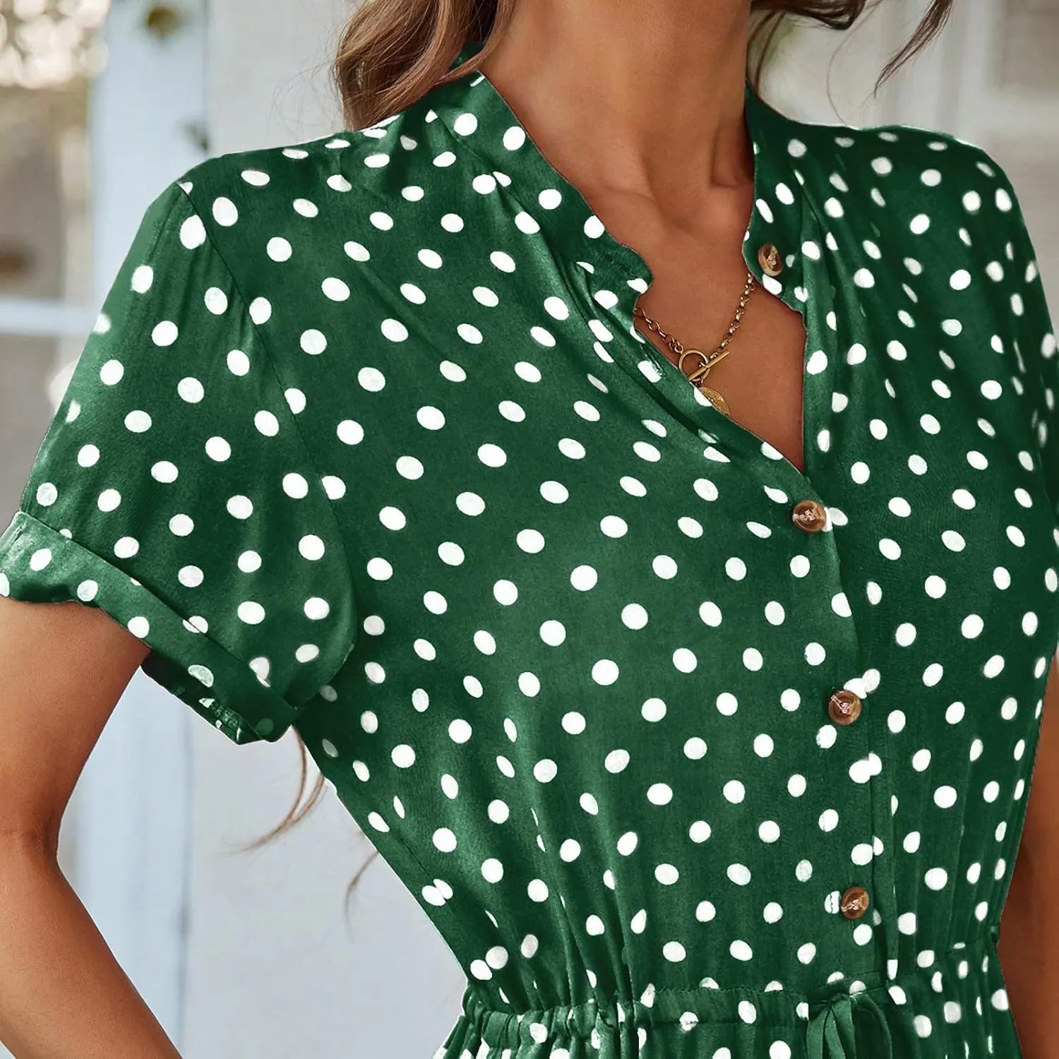 Kenvina Women Button Front Drawstring High Waist Short Sleeve A Line Midi Dress Polka Dot Tie Waist Wrap Business Dress