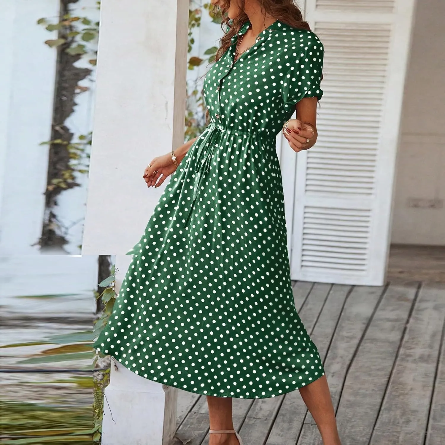 Kenvina Women Button Front Drawstring High Waist Short Sleeve A Line Midi Dress Polka Dot Tie Waist Wrap Business Dress