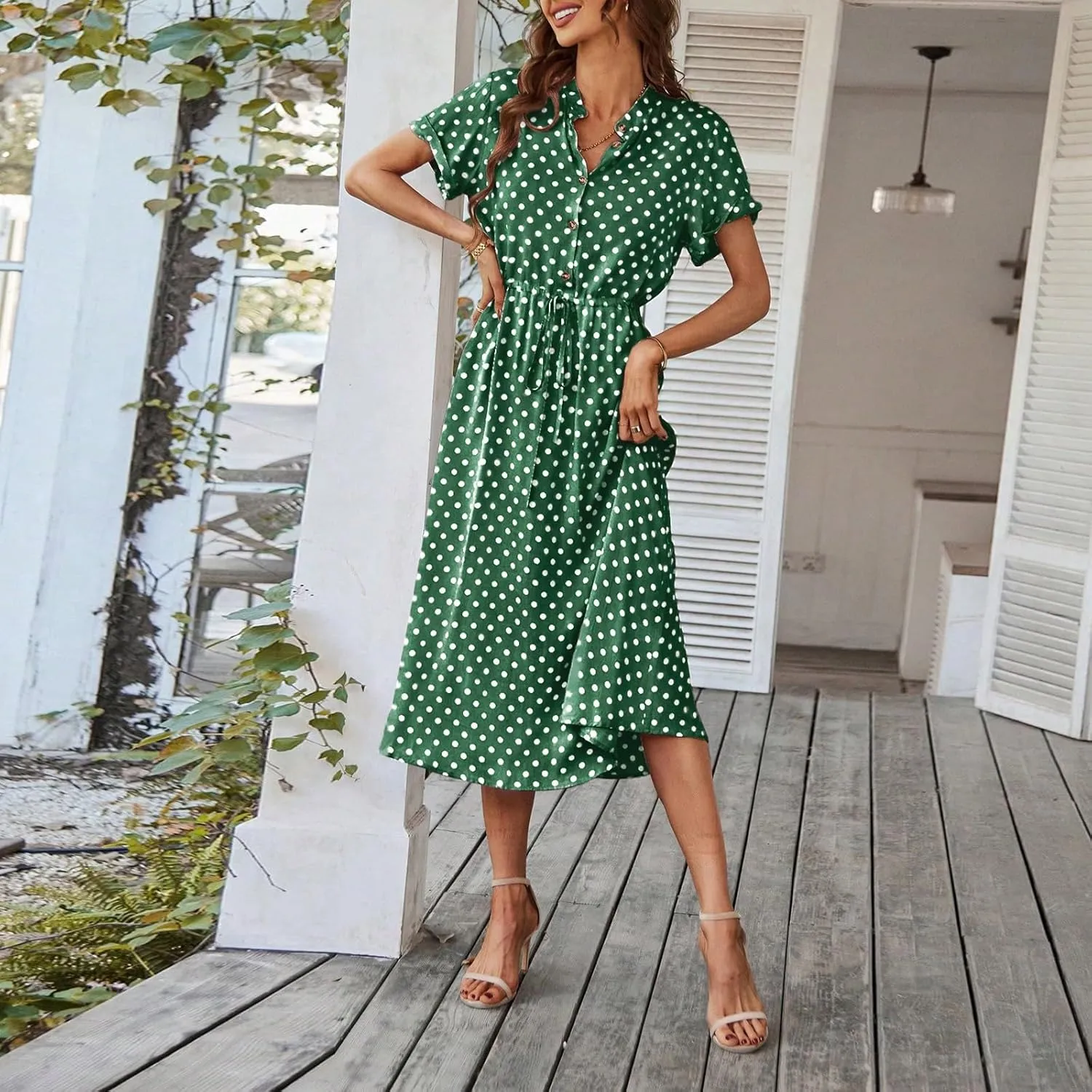 Kenvina Women Button Front Drawstring High Waist Short Sleeve A Line Midi Dress Polka Dot Tie Waist Wrap Business Dress