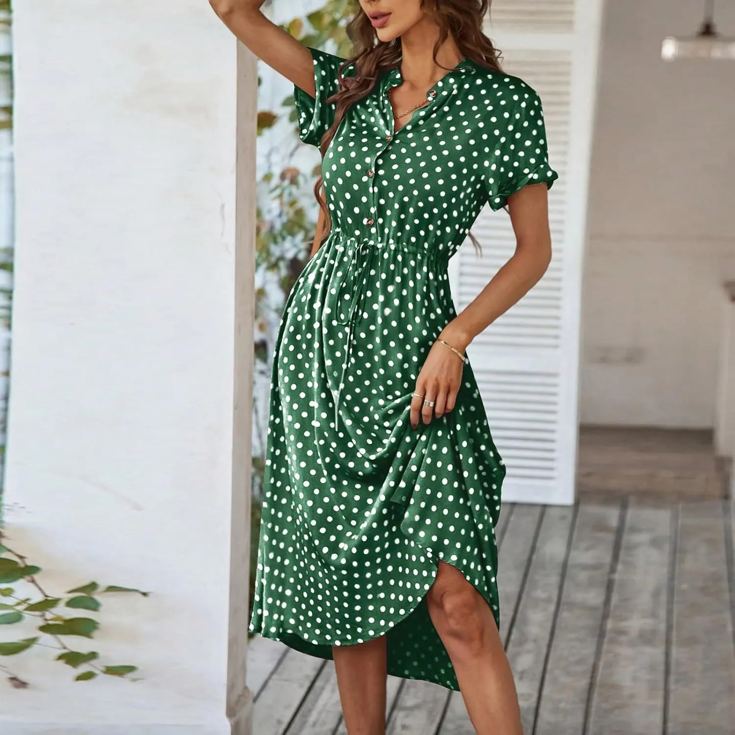 Kenvina Women Button Front Drawstring High Waist Short Sleeve A Line Midi Dress Polka Dot Tie Waist Wrap Business Dress