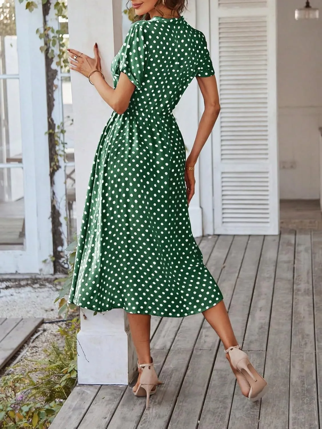 Kenvina Women Button Front Drawstring High Waist Short Sleeve A Line Midi Dress Polka Dot Tie Waist Wrap Business Dress