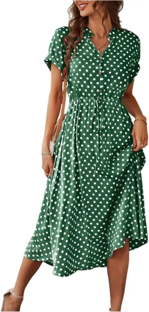 Kenvina Women Button Front Drawstring High Waist Short Sleeve A Line Midi Dress Polka Dot Tie Waist Wrap Business Dress