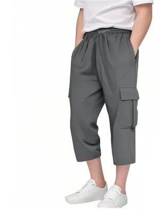Kids 3/4 Cargo Pants for Boys Straight Wide Leg High Elastic Waist Trousers Solid Color Y2k Streetwear