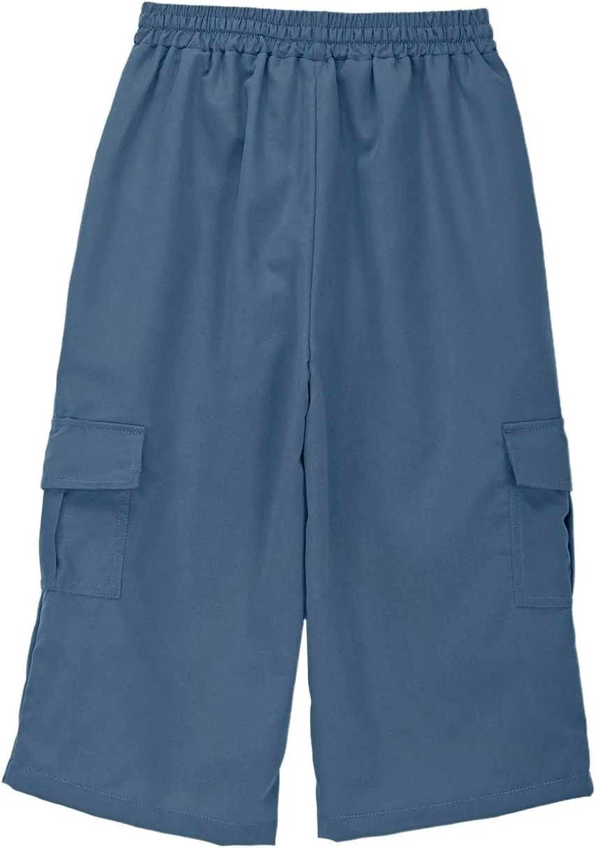 Kids 3/4 Cargo Pants for Boys Straight Wide Leg High Elastic Waist Trousers Solid Color Y2k Streetwear