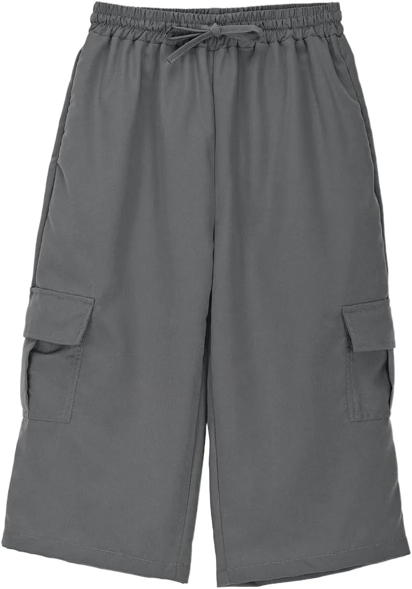 Kids 3/4 Cargo Pants for Boys Straight Wide Leg High Elastic Waist Trousers Solid Color Y2k Streetwear