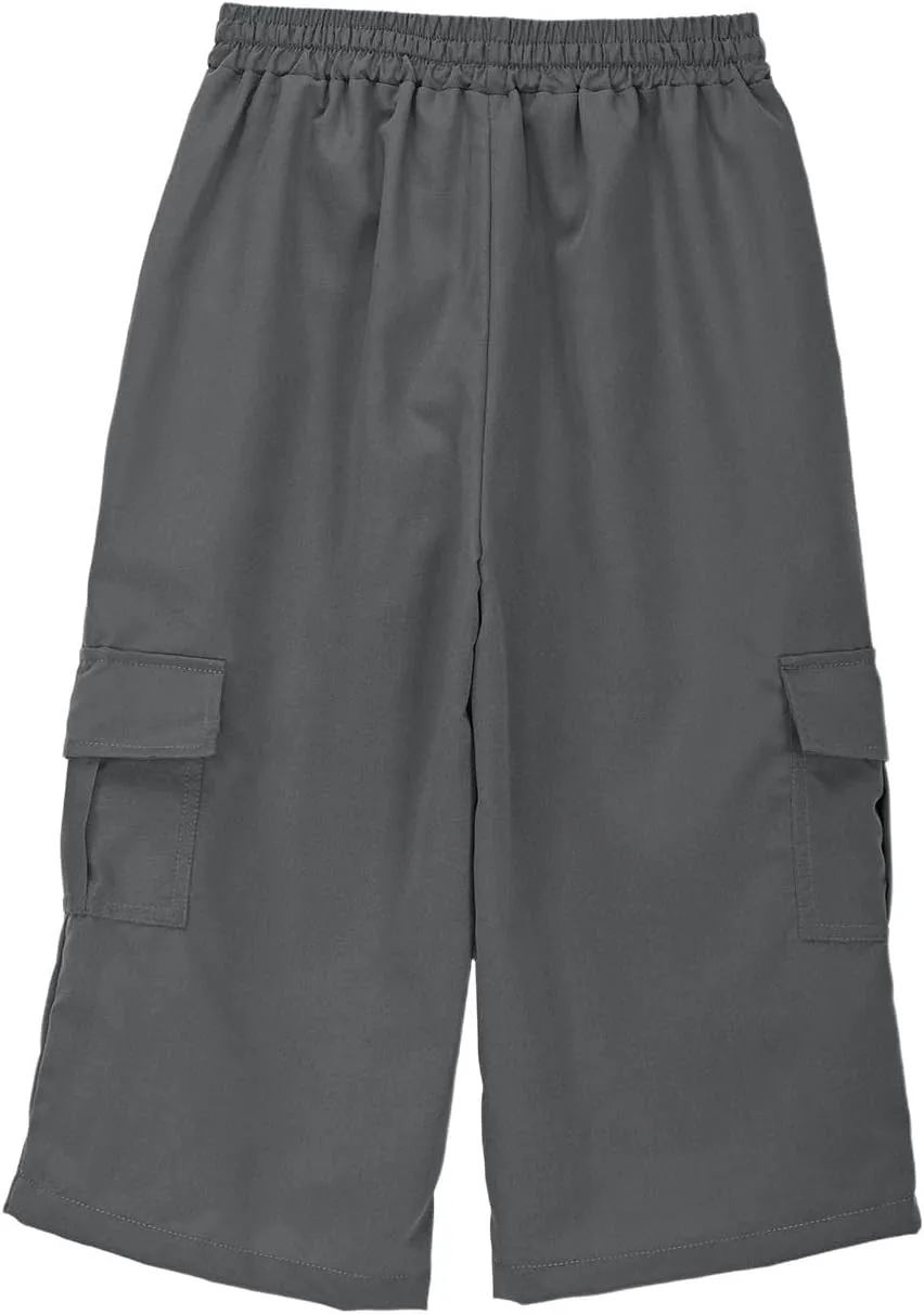 Kids 3/4 Cargo Pants for Boys Straight Wide Leg High Elastic Waist Trousers Solid Color Y2k Streetwear