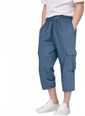 Kids 3/4 Cargo Pants for Boys Straight Wide Leg High Elastic Waist Trousers Solid Color Y2k Streetwear