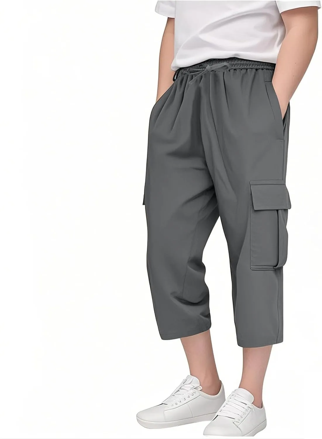 Kids 3/4 Cargo Pants for Boys Straight Wide Leg High Elastic Waist Trousers Solid Color Y2k Streetwear