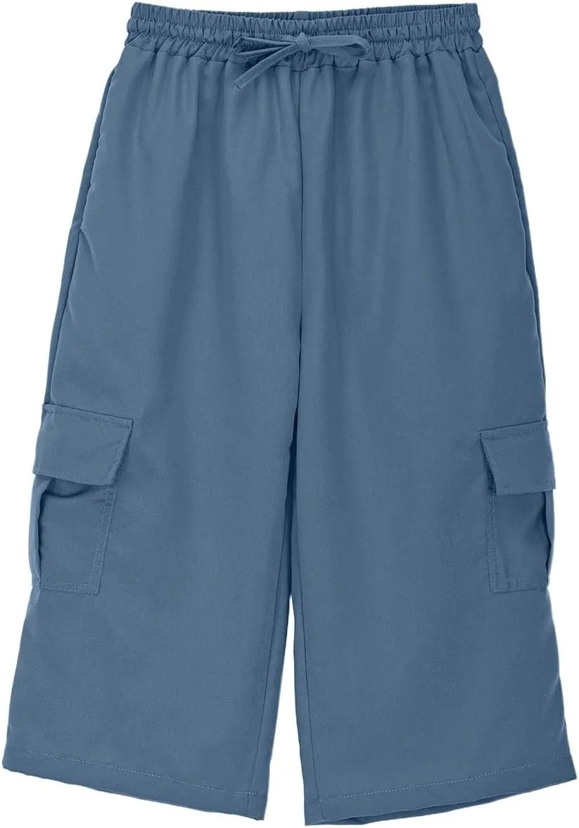 Kids 3/4 Cargo Pants for Boys Straight Wide Leg High Elastic Waist Trousers Solid Color Y2k Streetwear
