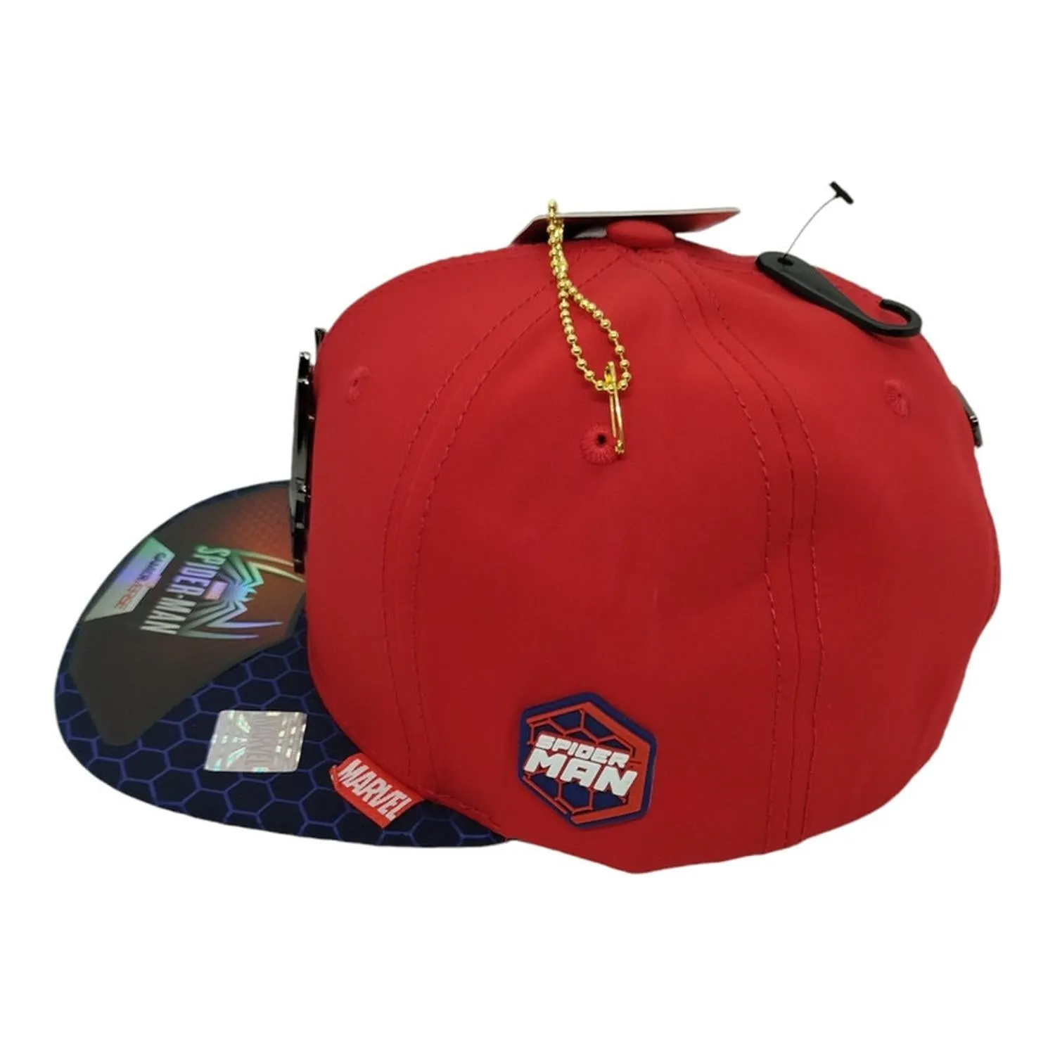 Kndit Caps Gorra Roja Con Azul Marino Placa Plateada Logo Araña Hexágono Spider-Man