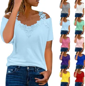 Lace Crochet Cold Shoulder Tops for Women Trendy Summer Short Sleeve Tunic Shirts Casual Loose Strappy Blouses