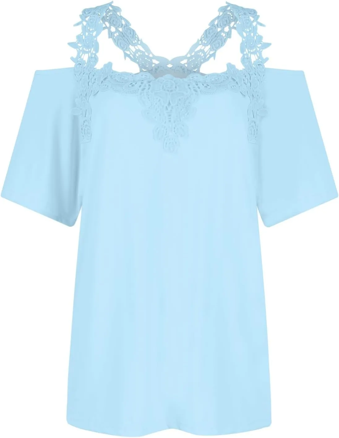 Lace Crochet Cold Shoulder Tops for Women Trendy Summer Short Sleeve Tunic Shirts Casual Loose Strappy Blouses