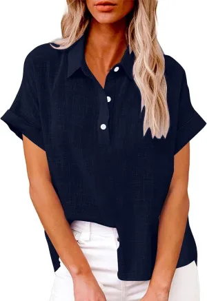 Linen Button Down Shirt Women 2025 Casual Short Sleeve Button Collared Daily Top Blouse Bathing Suit Cover Ups Tops