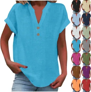 Linen Shirts for Women Cotton Button Up Shirt Summer Short Sleeve Roll Up Loose Fit V-Neck Casual Work Blouse Tops