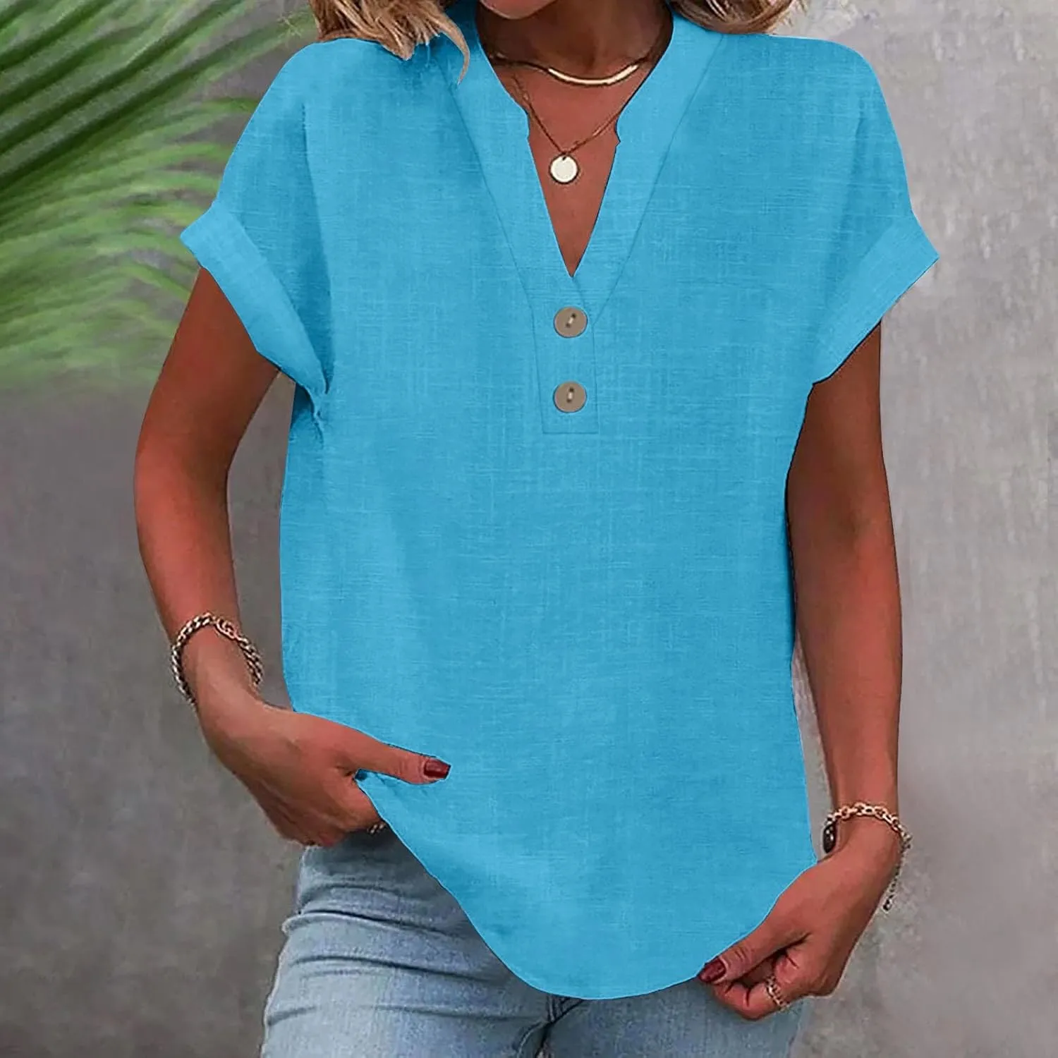 Linen Shirts for Women Cotton Button Up Shirt Summer Short Sleeve Roll Up Loose Fit V-Neck Casual Work Blouse Tops