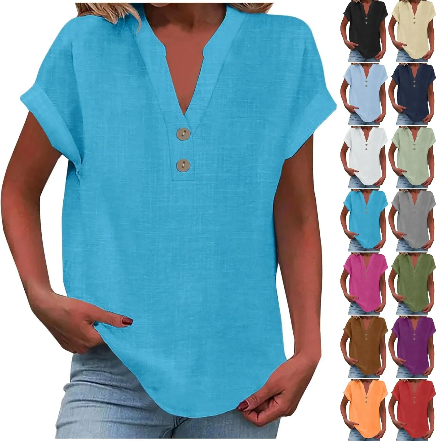Linen Shirts for Women Cotton Button Up Shirt Summer Short Sleeve Roll Up Loose Fit V-Neck Casual Work Blouse Tops