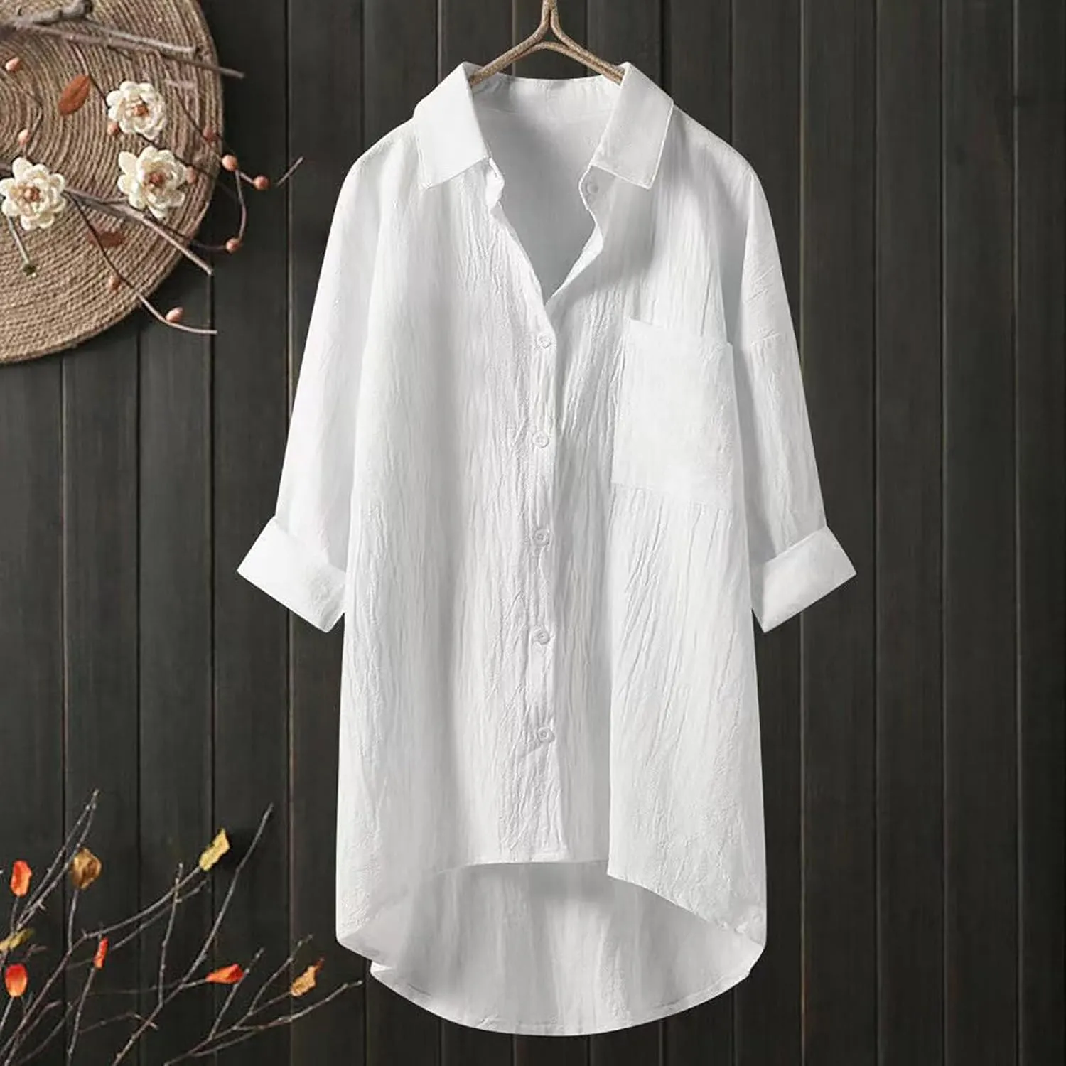 Linen Shirts for Women Plus Size Long Sleeve Tops V Neck Button Downs Blouses Casual Loose Fit Clothes