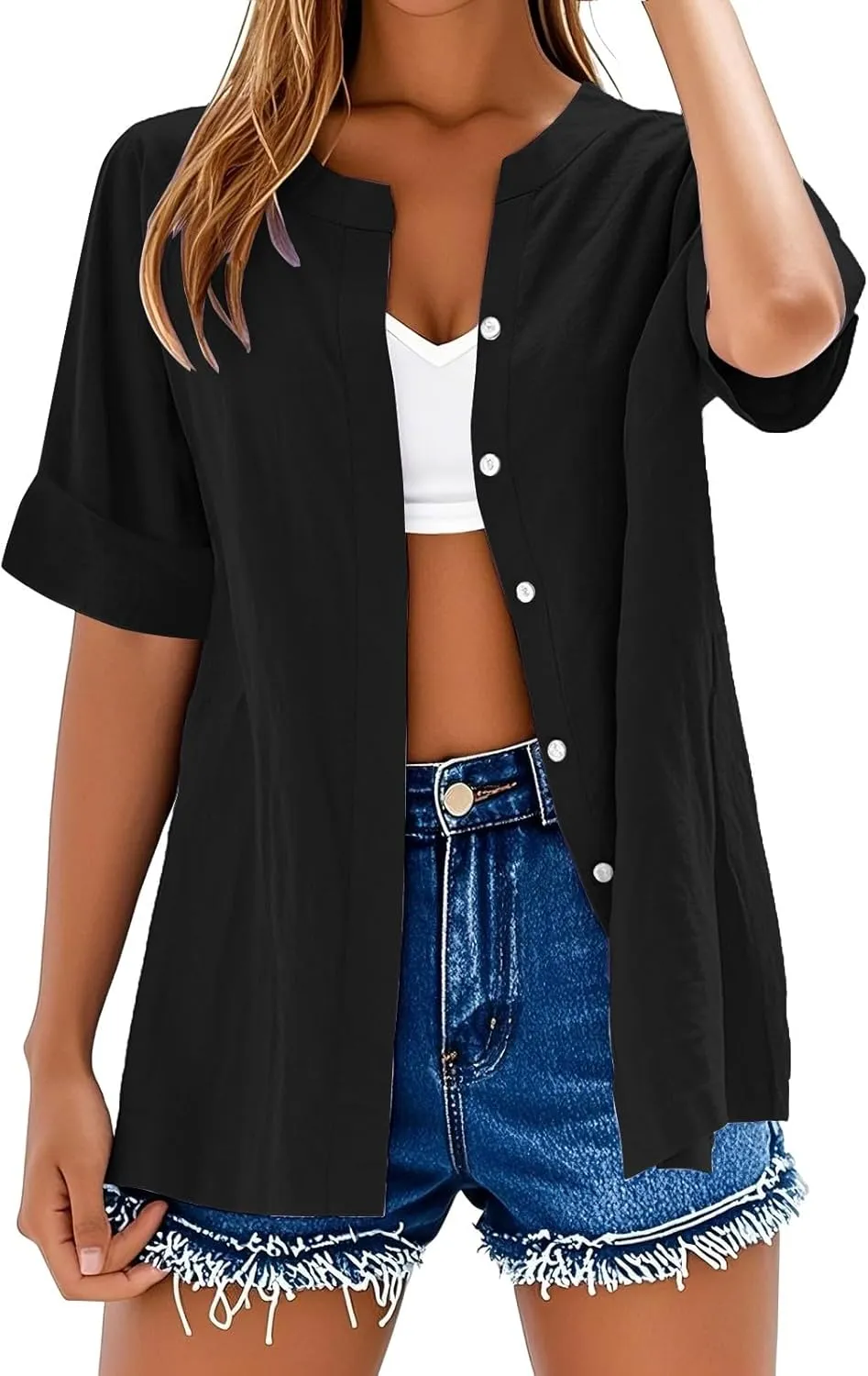 Linen Shirts for Women Summer Boho Short Tops Elbow Sleeve Button Dress Shirt Plus Size Casual Vneck Loose Work Shirt