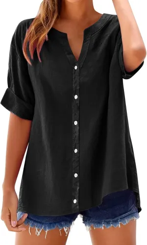 Linen Shirts for Women Summer Boho Short Tops Elbow Sleeve Button Dress Shirt Plus Size Casual Vneck Loose Work Shirt