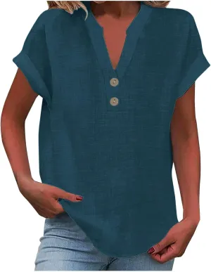 Linen Shirts for Womens Cotton Button Up Tops Summer Short Sleeve Roll Up Loose Soft Fit V-Neck Casual Work Blouse