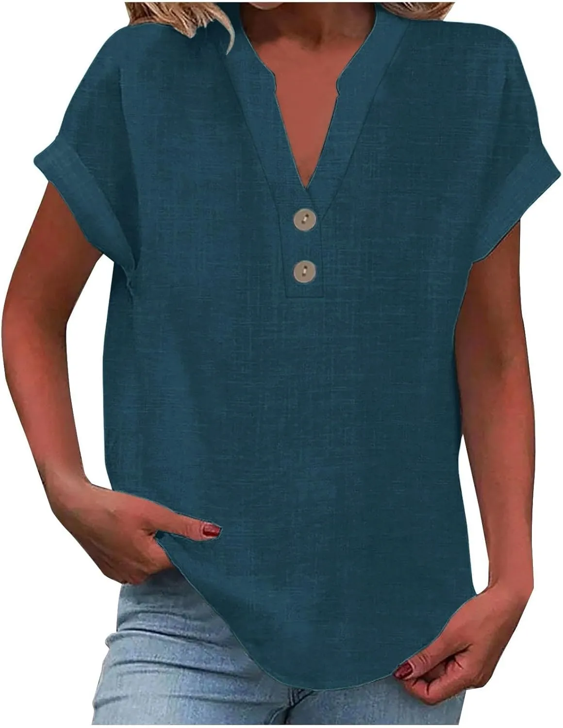 Linen Shirts for Womens Cotton Button Up Tops Summer Short Sleeve Roll Up Loose Soft Fit V-Neck Casual Work Blouse