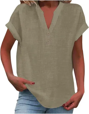 Linen Shirts for Womens Cotton Button Up Tops Summer Short Sleeve Roll Up Loose Soft Fit V-Neck Casual Work Blouse