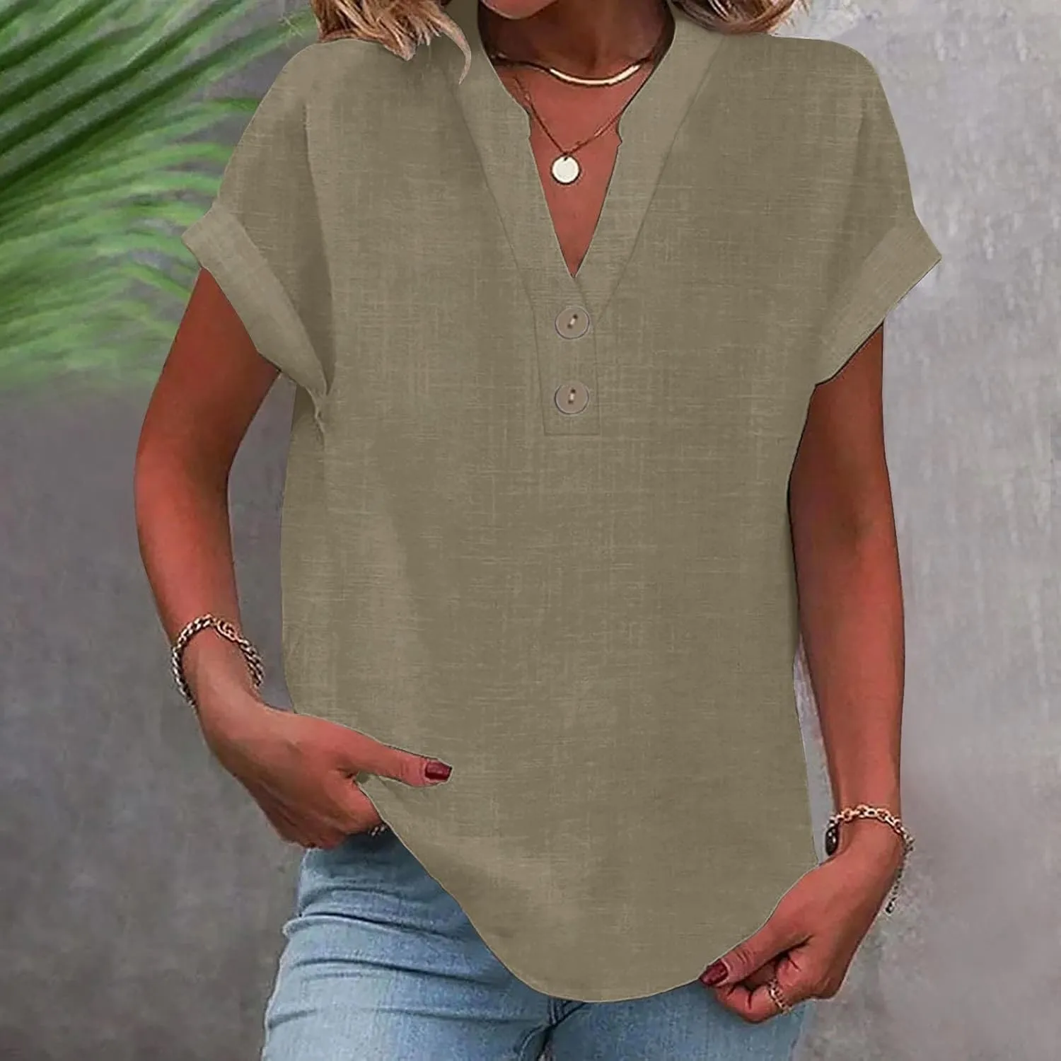Linen Shirts for Womens Cotton Button Up Tops Summer Short Sleeve Roll Up Loose Soft Fit V-Neck Casual Work Blouse