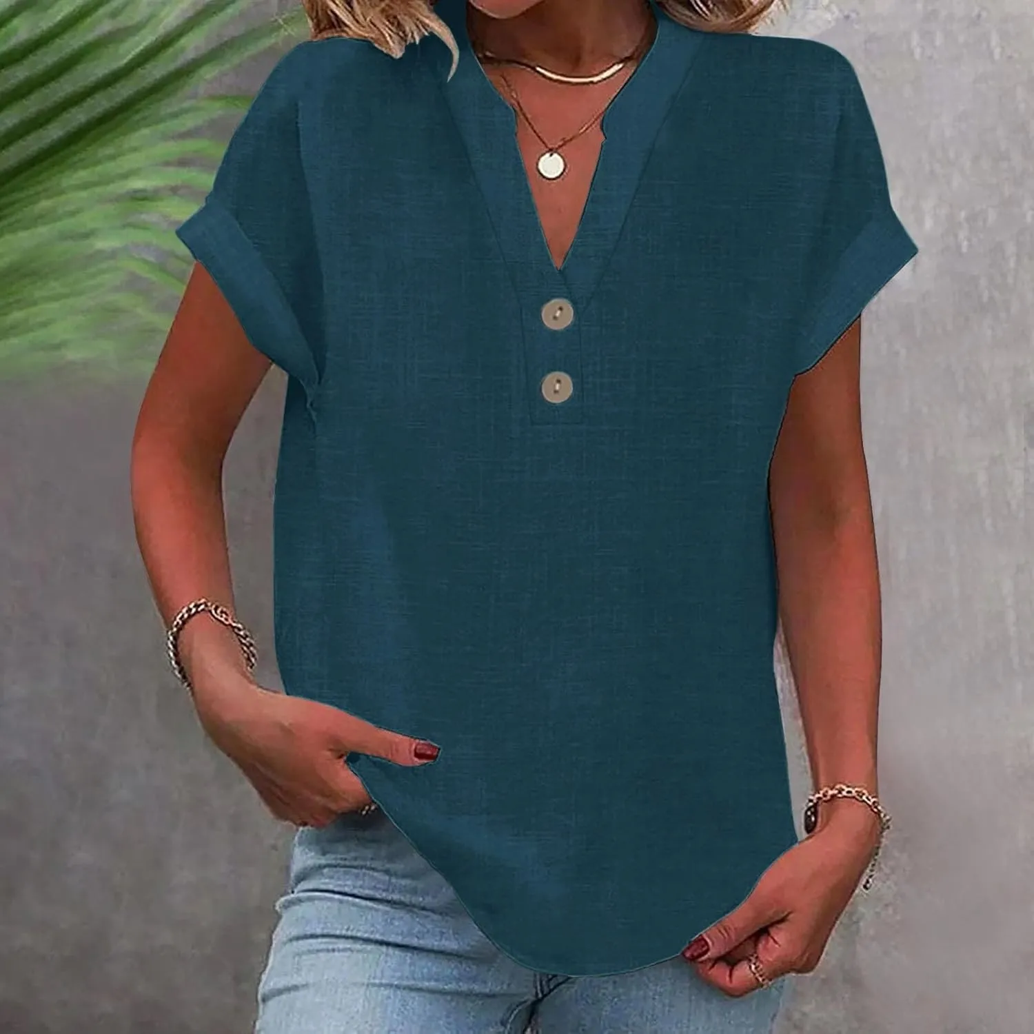 Linen Shirts for Womens Cotton Button Up Tops Summer Short Sleeve Roll Up Loose Soft Fit V-Neck Casual Work Blouse
