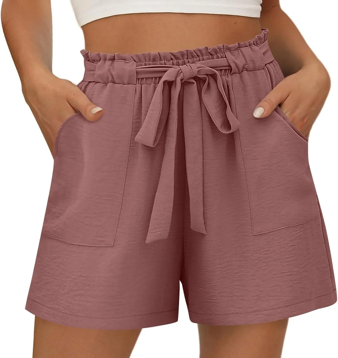 Linen Shorts for Women Summer High Waist Elastic Adjustable Tie Knot Lounge Shorts Casual Loose Flowy Short Pants