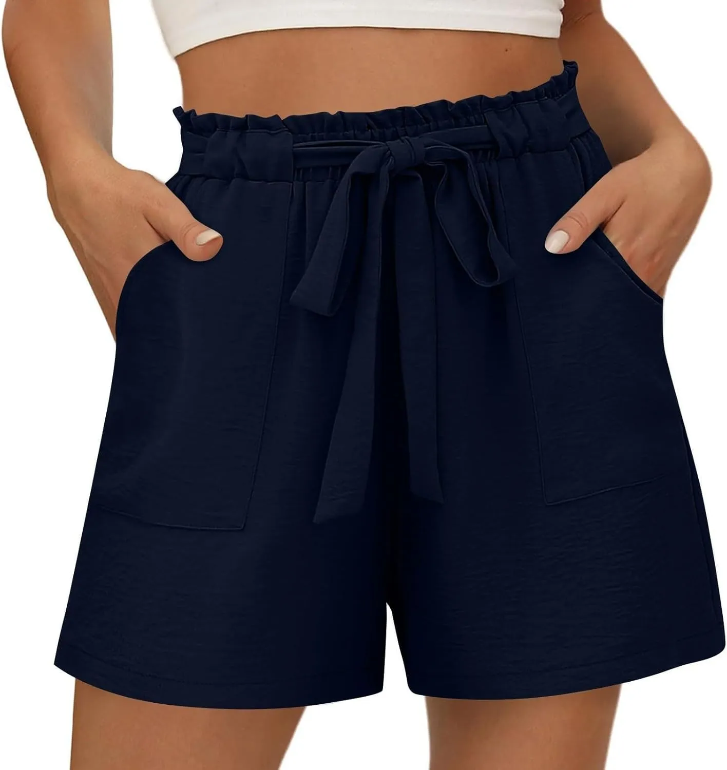 Linen Shorts for Women Summer High Waist Elastic Adjustable Tie Knot Lounge Shorts Casual Loose Flowy Short Pants