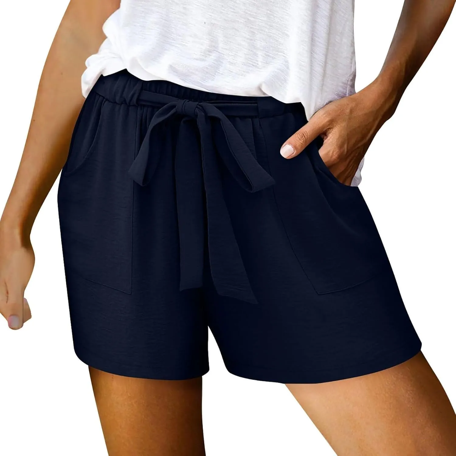 Linen Shorts for Women Summer High Waist Elastic Adjustable Tie Knot Lounge Shorts Casual Loose Flowy Short Pants