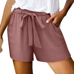 Linen Shorts for Women Summer High Waist Elastic Adjustable Tie Knot Lounge Shorts Casual Loose Flowy Short Pants