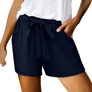 Linen Shorts for Women Summer High Waist Elastic Adjustable Tie Knot Lounge Shorts Casual Loose Flowy Short Pants