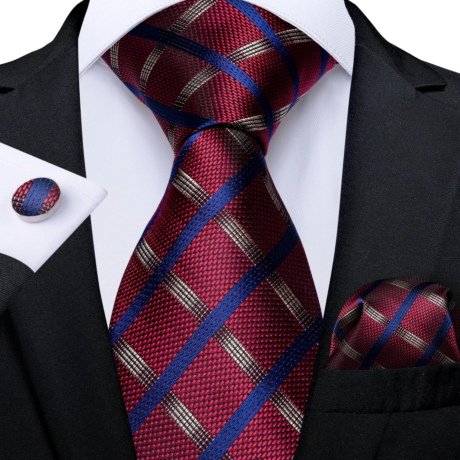 Luxury Red Plaid Silk Tie Set for Men | Business & Wedding Accessories with Handkerchief & Cufflinks | DiBanGu Designer Collection
