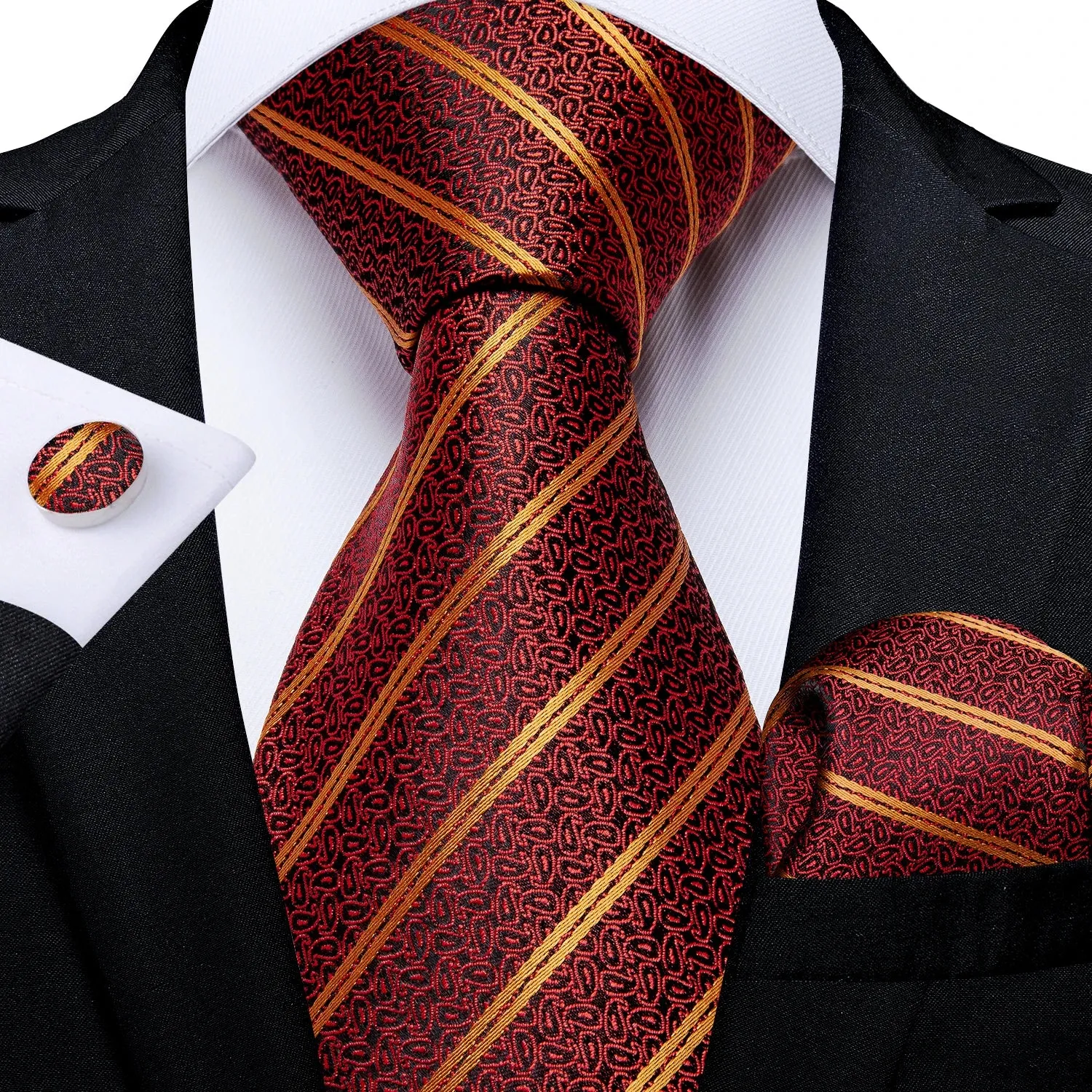 Luxury Red Plaid Silk Tie Set for Men | Business & Wedding Accessories with Handkerchief & Cufflinks | DiBanGu Designer Collection