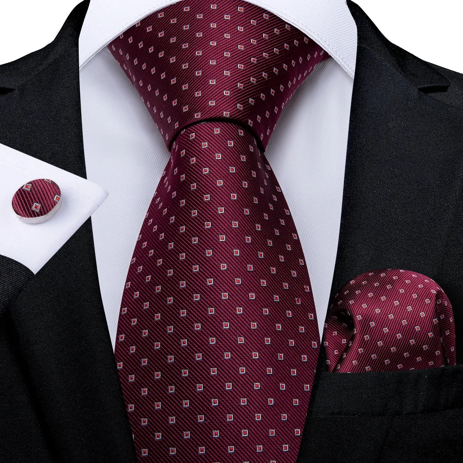 Luxury Red Plaid Silk Tie Set for Men | Business & Wedding Accessories with Handkerchief & Cufflinks | DiBanGu Designer Collection