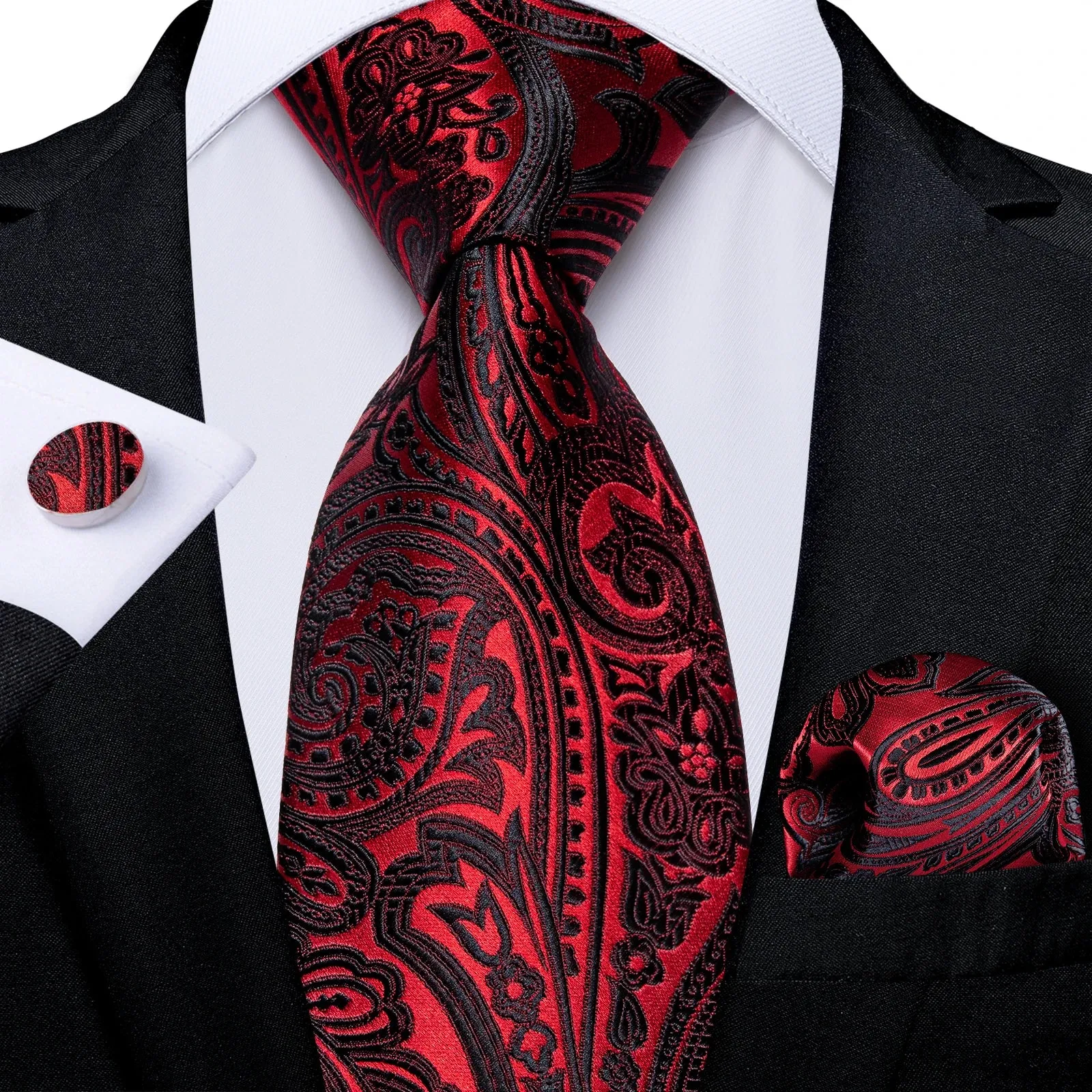 Luxury Red Plaid Silk Tie Set for Men | Business & Wedding Accessories with Handkerchief & Cufflinks | DiBanGu Designer Collection