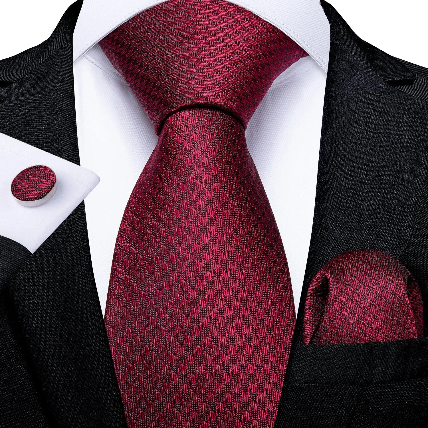Luxury Red Plaid Silk Tie Set for Men | Business & Wedding Accessories with Handkerchief & Cufflinks | DiBanGu Designer Collection