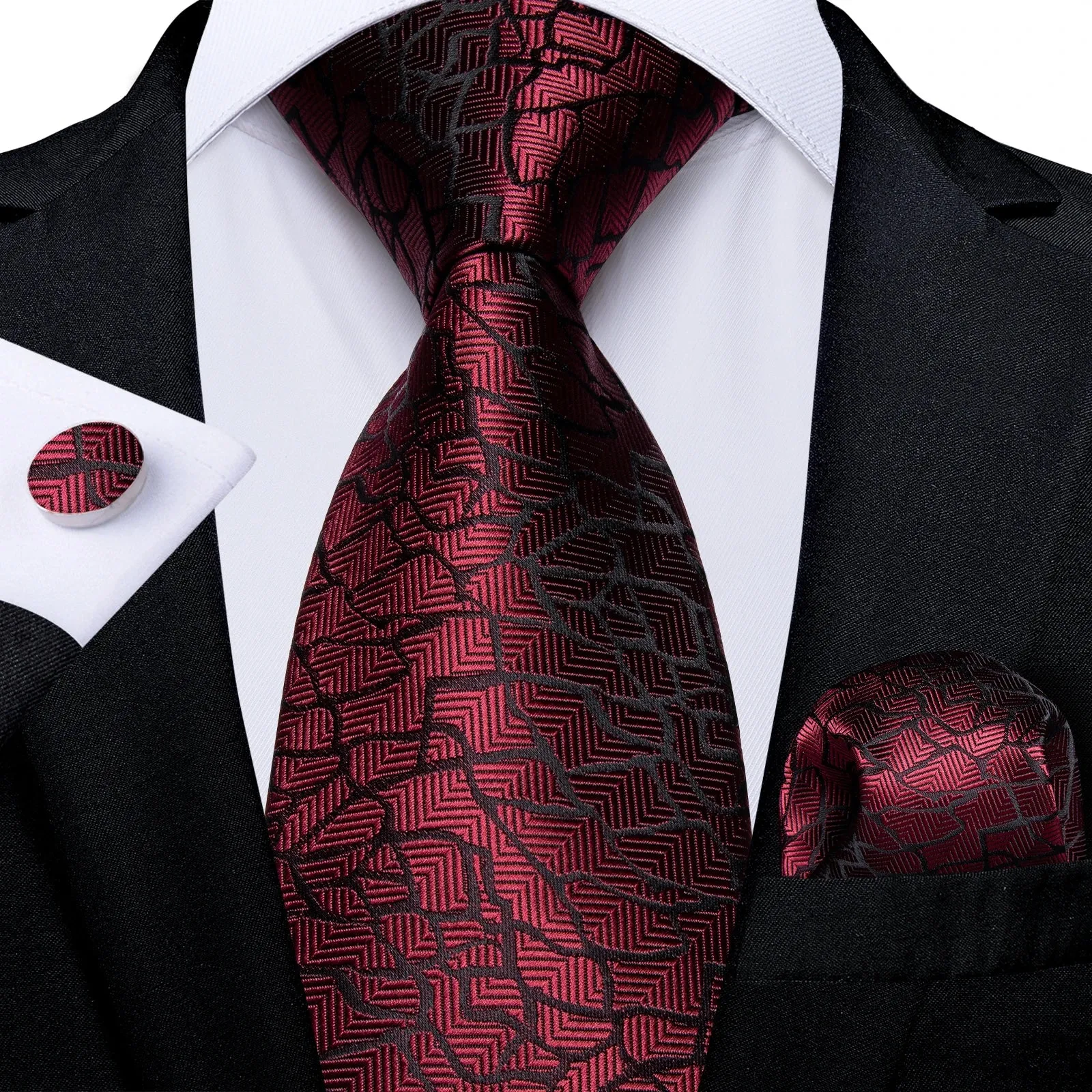 Luxury Red Plaid Silk Tie Set for Men | Business & Wedding Accessories with Handkerchief & Cufflinks | DiBanGu Designer Collection